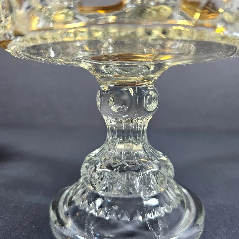 Vtg Midcentury Indiana Glass Compote Candy Dish Kings Crown Thumbprint Gold Rim